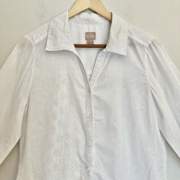 Chicos | Linen Crochet Back Button Shirt Roll Tab Sleeves Top Size 1 -‎ Med - 44 - Picture 2 of 15